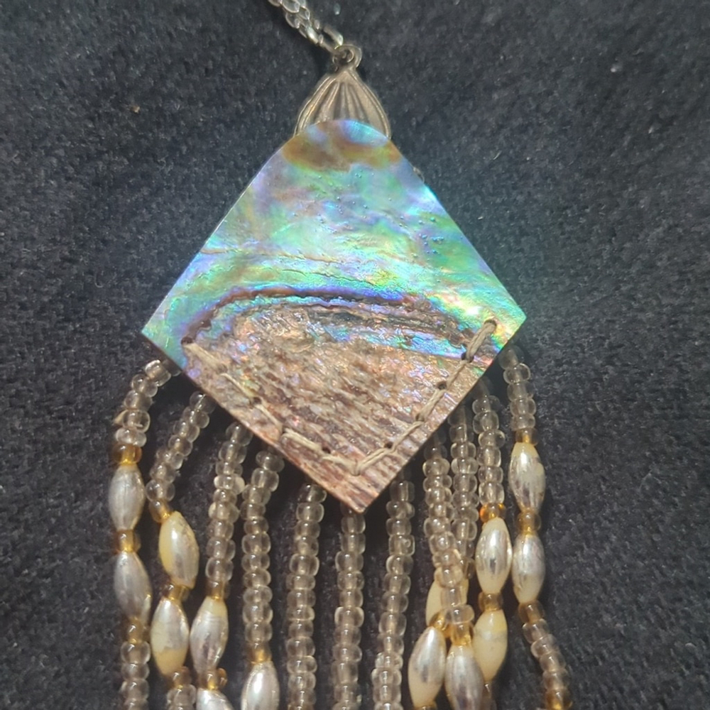 Vintage Silver Tone Abalone Shell Beaded Dangle Pendant Statement Necklace - Picture 5 of 6